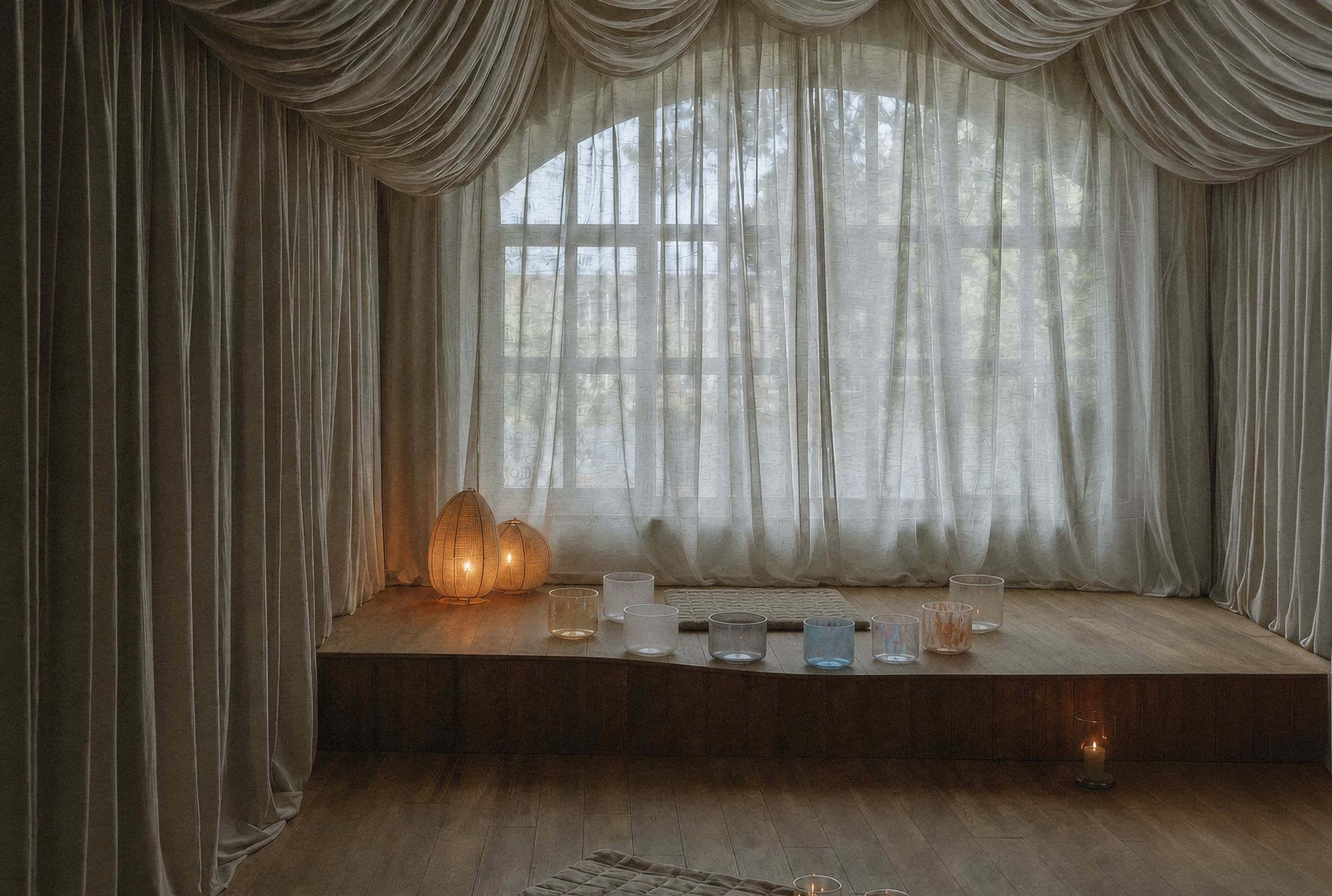 studio with crystal singing bowls